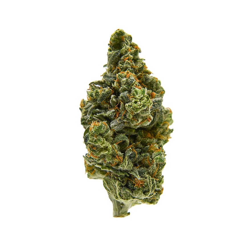 Macro shot of Headband THCA flower showing frosty trichomes and light green hues